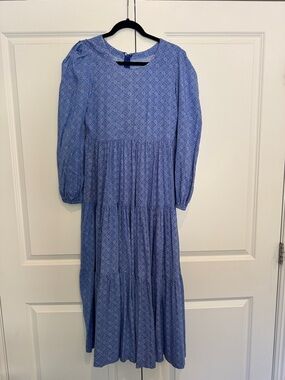 Blue Midi Dress with Long Sleeves - Women's Floral Tiered Midi